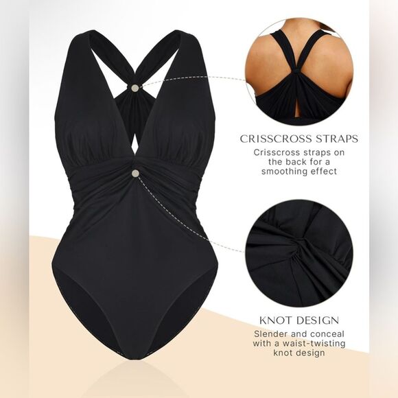 SHAPELLX Tummy Control Swimsuit Women Ruched V Neck One Piece Black 3XL NWT - Picture 10 of 12